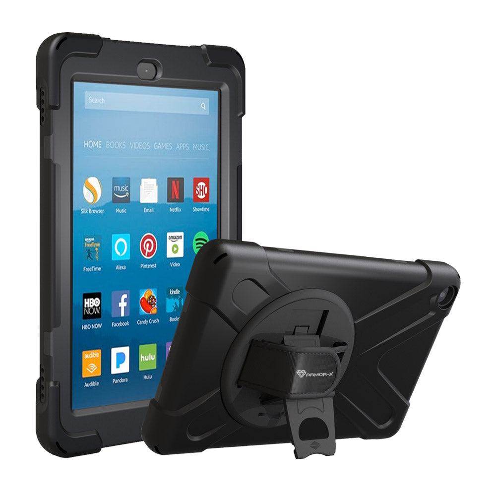 ARMOR-X Amazon Fire HD 8 2018 2017 shockproof case, impact protection cover with hand strap and kick stand. One-handed design for your workplace.