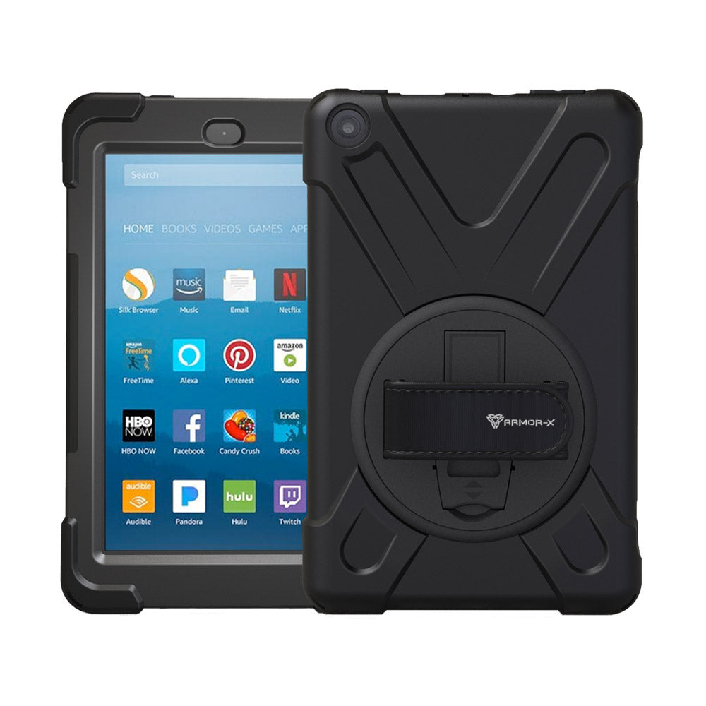 ARMOR-X Amazon Fire HD 8 2018 2017 shockproof case, impact protection cover with hand strap and kick stand. One-handed design for your workplace.