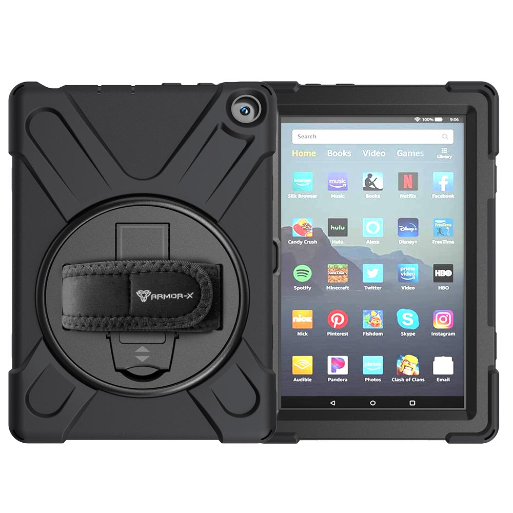 ARMOR-X Amazon Fire HD 8 2020 shockproof case, impact protection cover with hand strap and kick stand. One-handed design for your workplace.