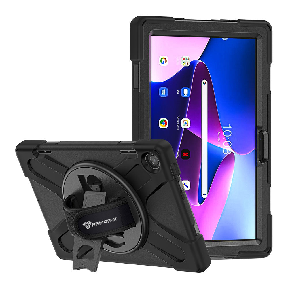 ARMOR-X Lenovo Tab M10 ( Gen3 ) TB328 shockproof case, impact protection cover with hand strap and kick stand. One-handed design for your workplace.
