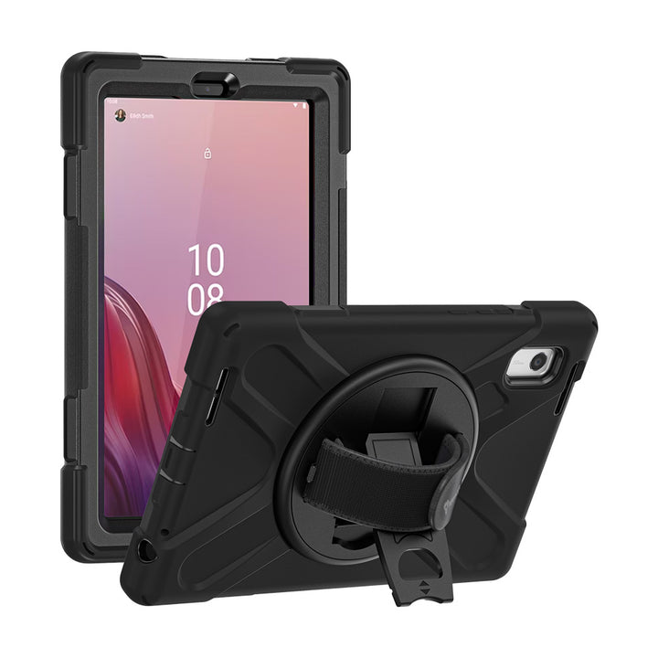 ARMOR-X Lenovo Tab M9 TB310 shockproof case, impact protection cover with hand strap and kick stand. One-handed design for your workplace.