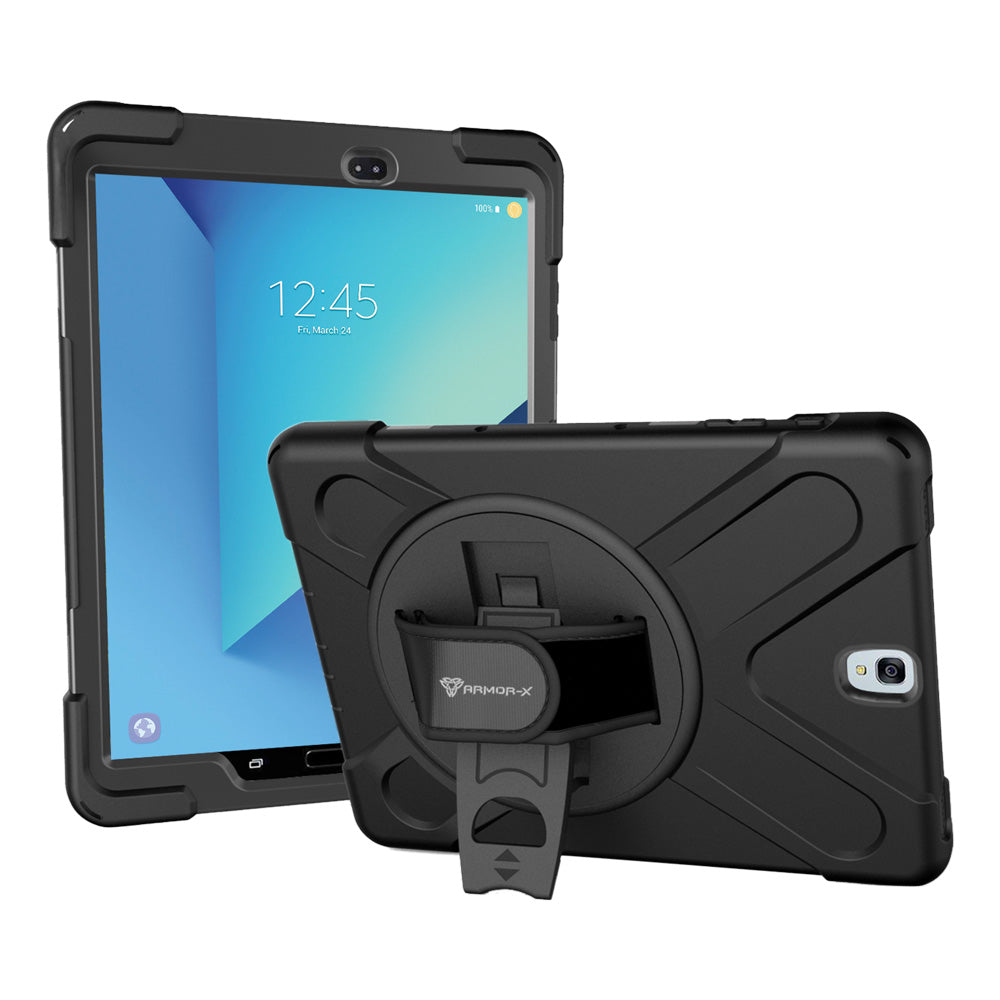 ARMOR-X Samsung Galaxy tab S3 9.7 T820 T825 shockproof case, impact protection cover with hand strap and kick stand. One-handed design for your workplace.