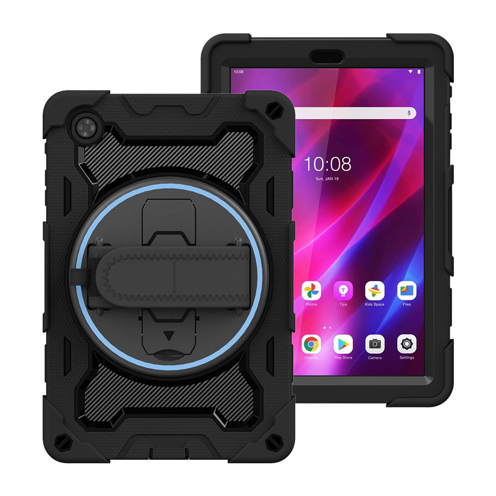 ARMOR-X Lenovo Tab M8 (3rd Gen) TB-8506 shockproof case, impact protection cover with hand strap and kick stand. One-handed design for your workplace.