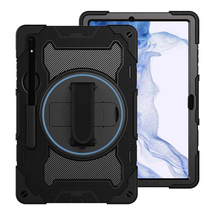 ARMOR-X Samsung Galaxy Tab S8+ S8 Plus SM-X800 / SM-X806 shockproof case, impact protection cover with hand strap and kick stand. One-handed design for your workplace.