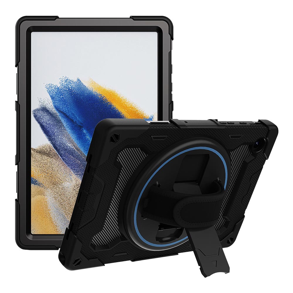 ARMOR-X Samsung Galaxy Tab A8 SM-X200 / X205 shockproof case, impact protection cover with hand strap and kick stand. One-handed design for your workplace.