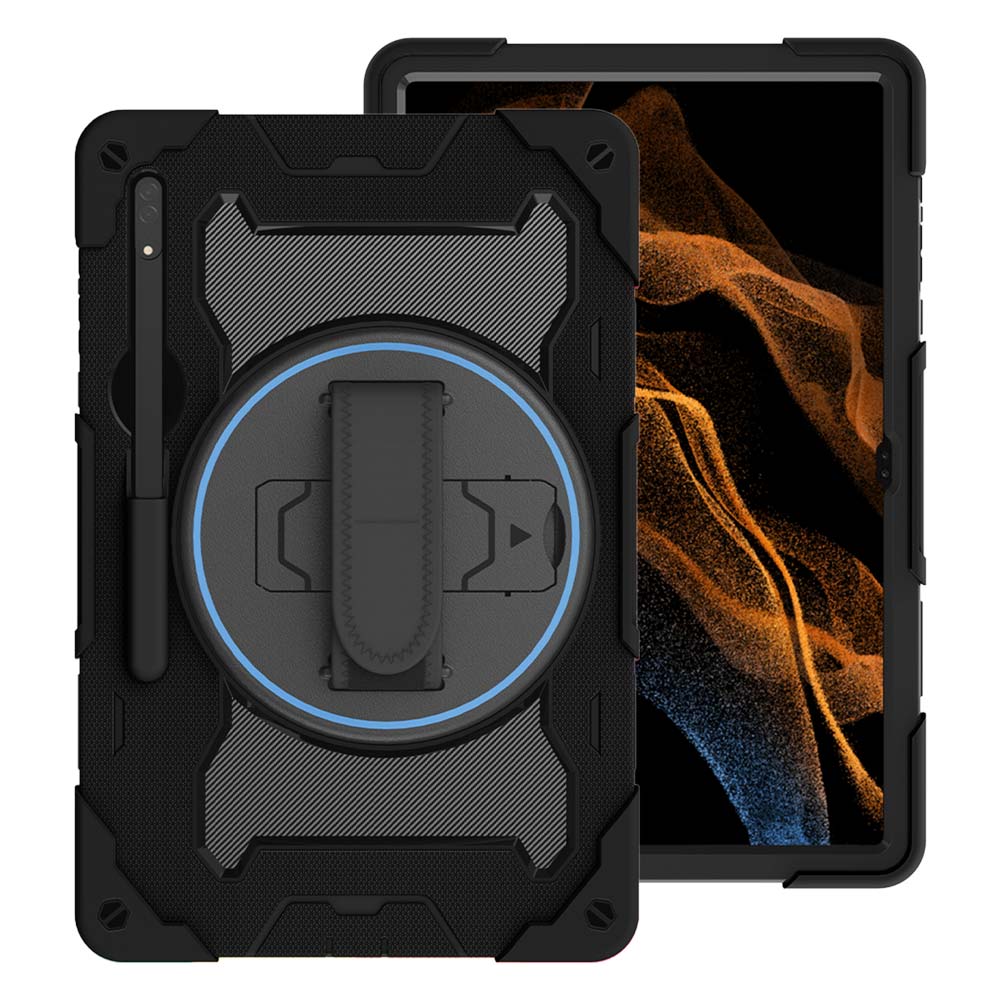 ARMOR-X Samsung Galaxy Tab S8 Ultra SM-X900 / X906 shockproof case, impact protection cover with hand strap and kick stand. One-handed design for your workplace.