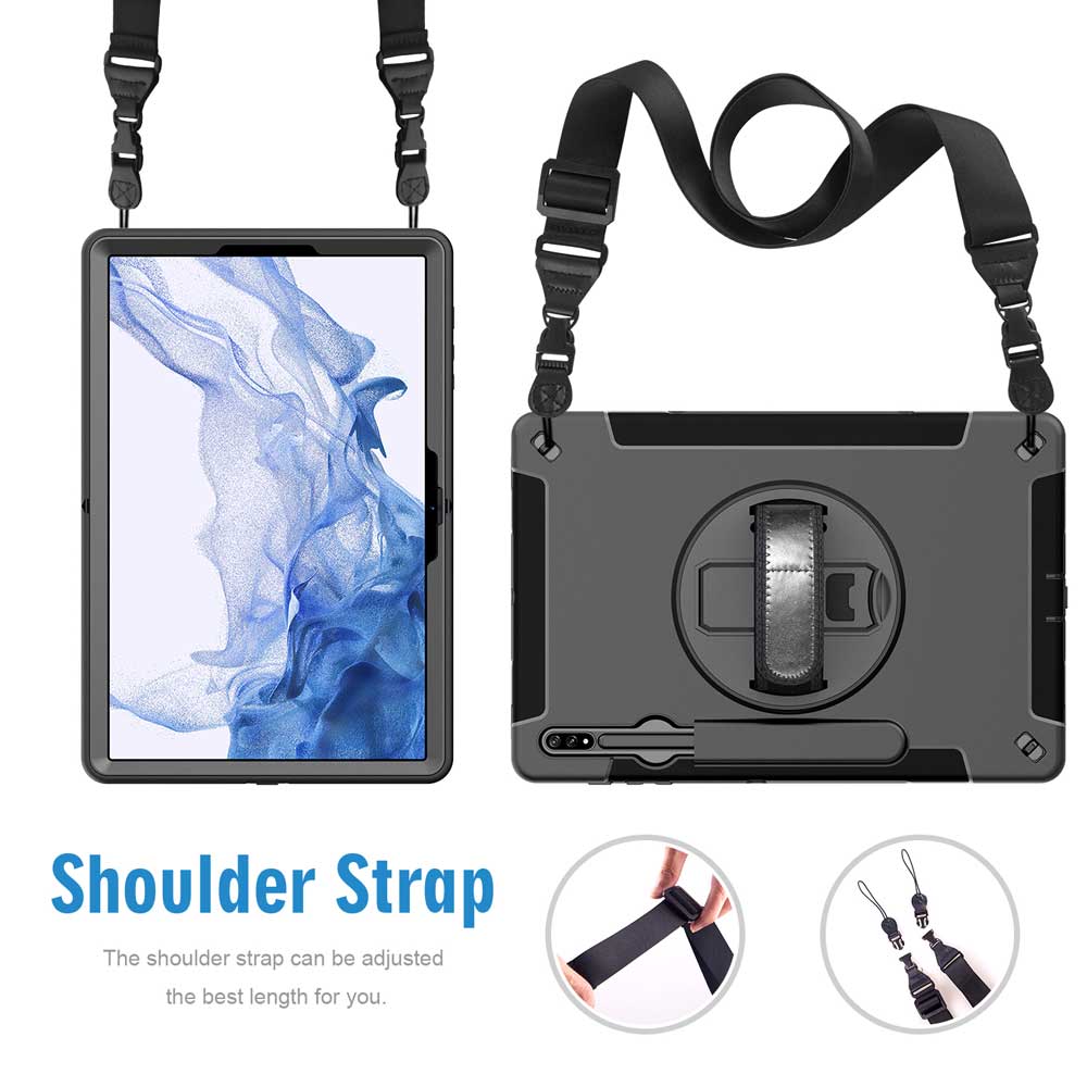 RIN-SS-X800 | Samsung Galaxy Tab S8+ S8 Plus SM-X800 / X806 & S7+ / S7 FE | Rainproof military grade rugged case with hand strap and kick-stand