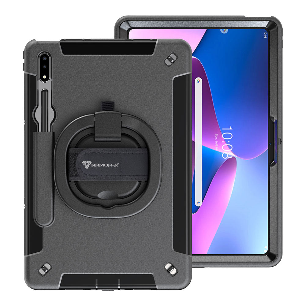 ARMOR-X Lenovo Tab P12 Pro TB-Q706F shockproof case, impact protection cover with hand strap and kick stand & folding grip. One-handed design for your workplace.