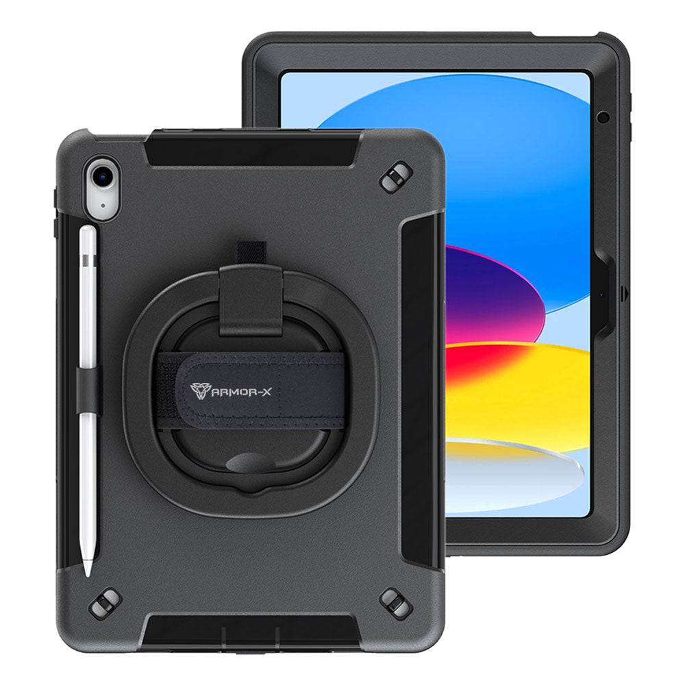 ARMOR-X Apple iPad 10.9 (10th Gen.) shockproof case, impact protection cover with hand strap and kick stand & folding grip. One-handed design for your workplace.