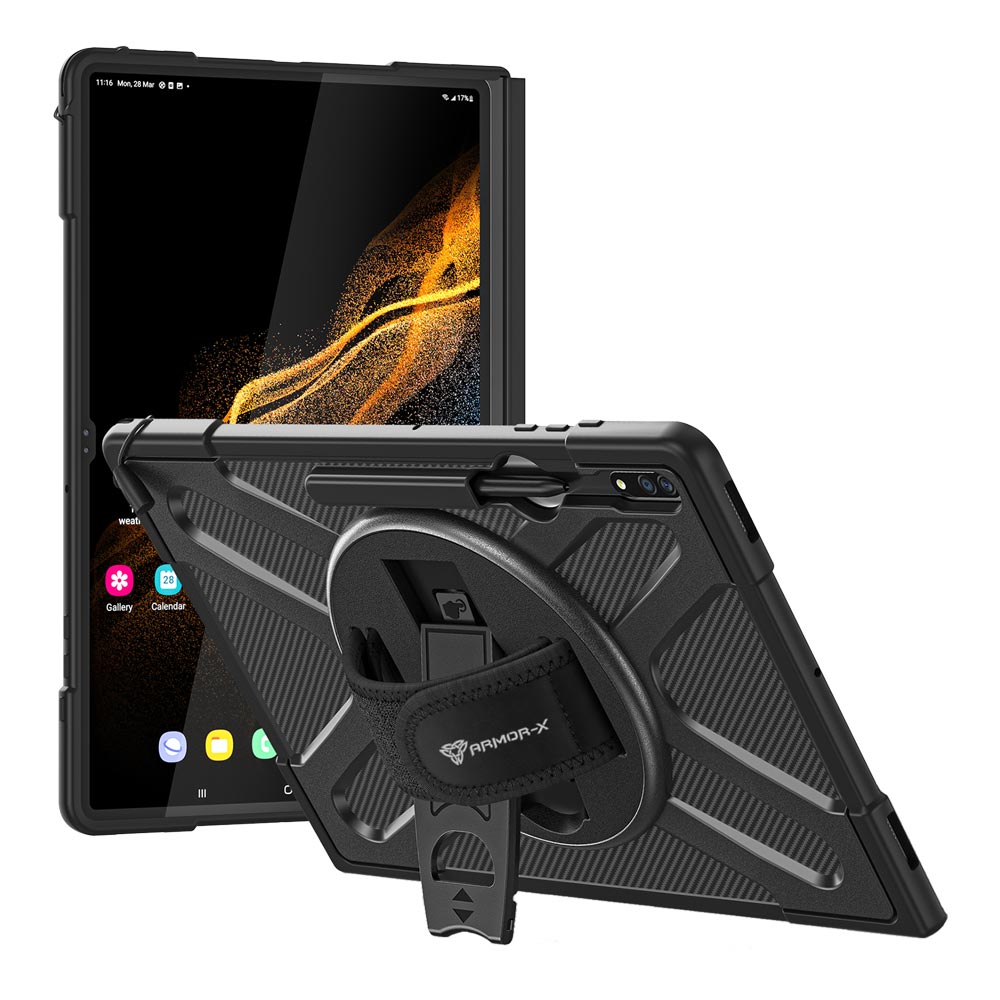 ARMOR-X Samsung Galaxy Tab S8 Ultra SM-X900 / X906 shockproof case, impact protection cover with hand strap and kick stand. One-handed design for your workplace.