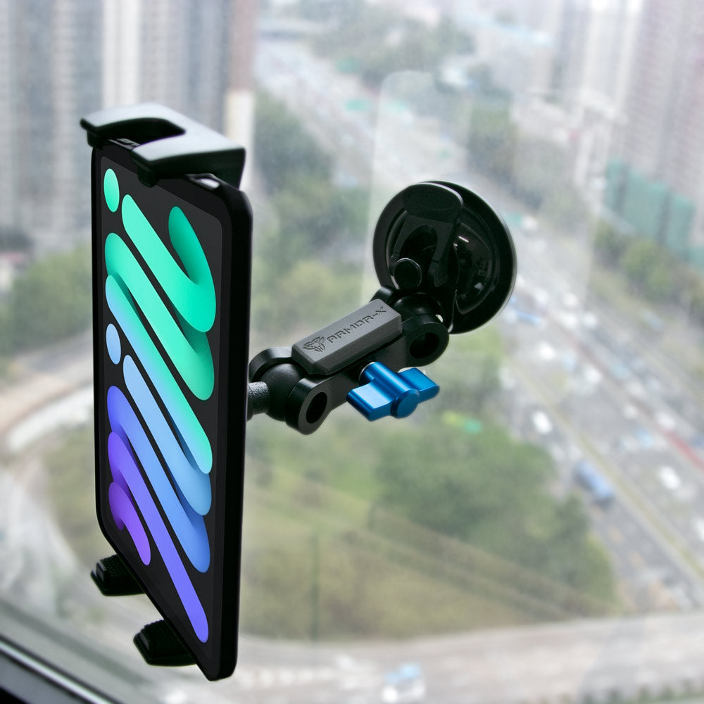 ARMOR-X Vacuum Suction Cup Universal Mount for tablet. Provides super strong hold on car windshield, window or other smooth, flat, and polished surfaces.