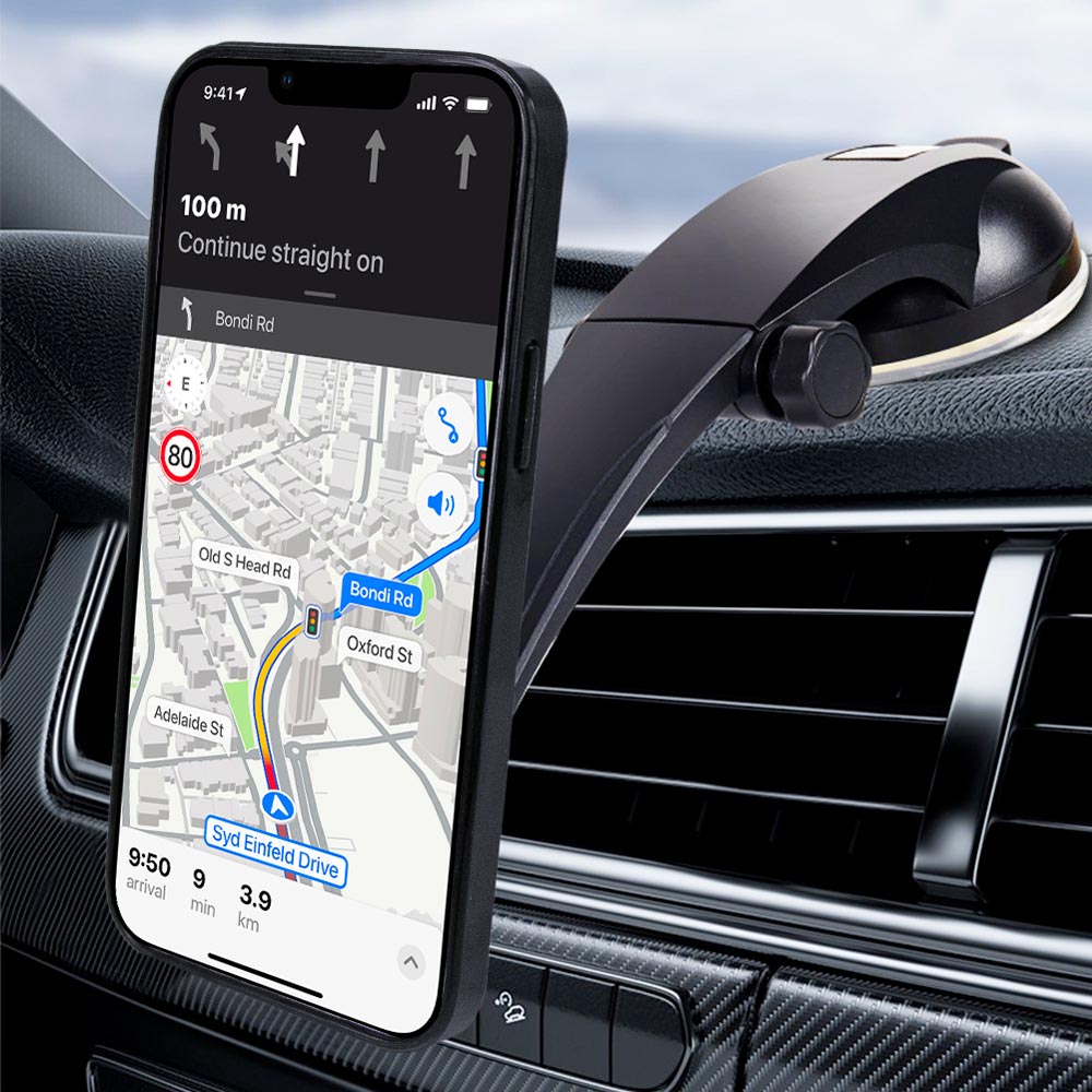 ARMOR-X Foldable Suction Cup Mount for phone, sticks firmly to the dashboard.