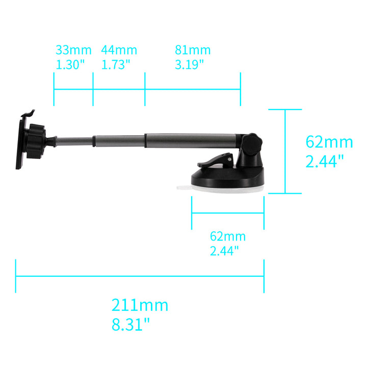 ARMOR-X Telescopic Suction Cup Mount for phone, with the telescopic arm adjustable from 81mm to 158mm.