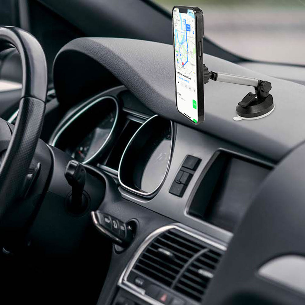 ARMOR-X Telescopic Suction Cup Mount for phone, sticks firmly to the dashboard.
