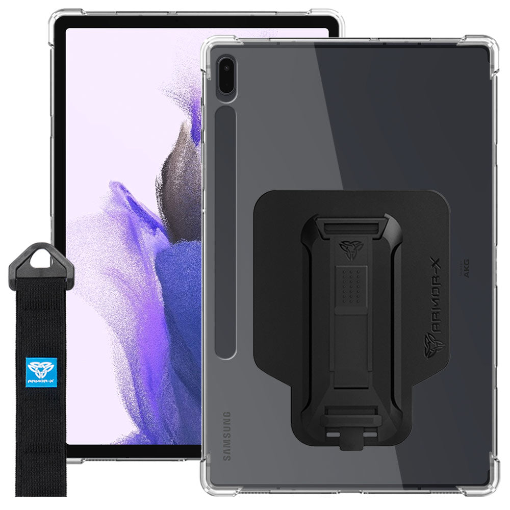 ARMOR-X Samsung Galaxy Tab S7 FE SM-T730 / T733 / T736B / T735NZ shockproof case, impact protection cover with hand strap and kick stand. One-handed design for your workplace.