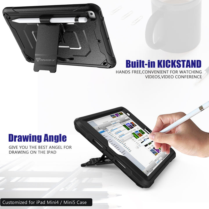 iPad mini 5 / mini 4 | Dual layers shockproof rugged case with kick-stand & Pen Holder