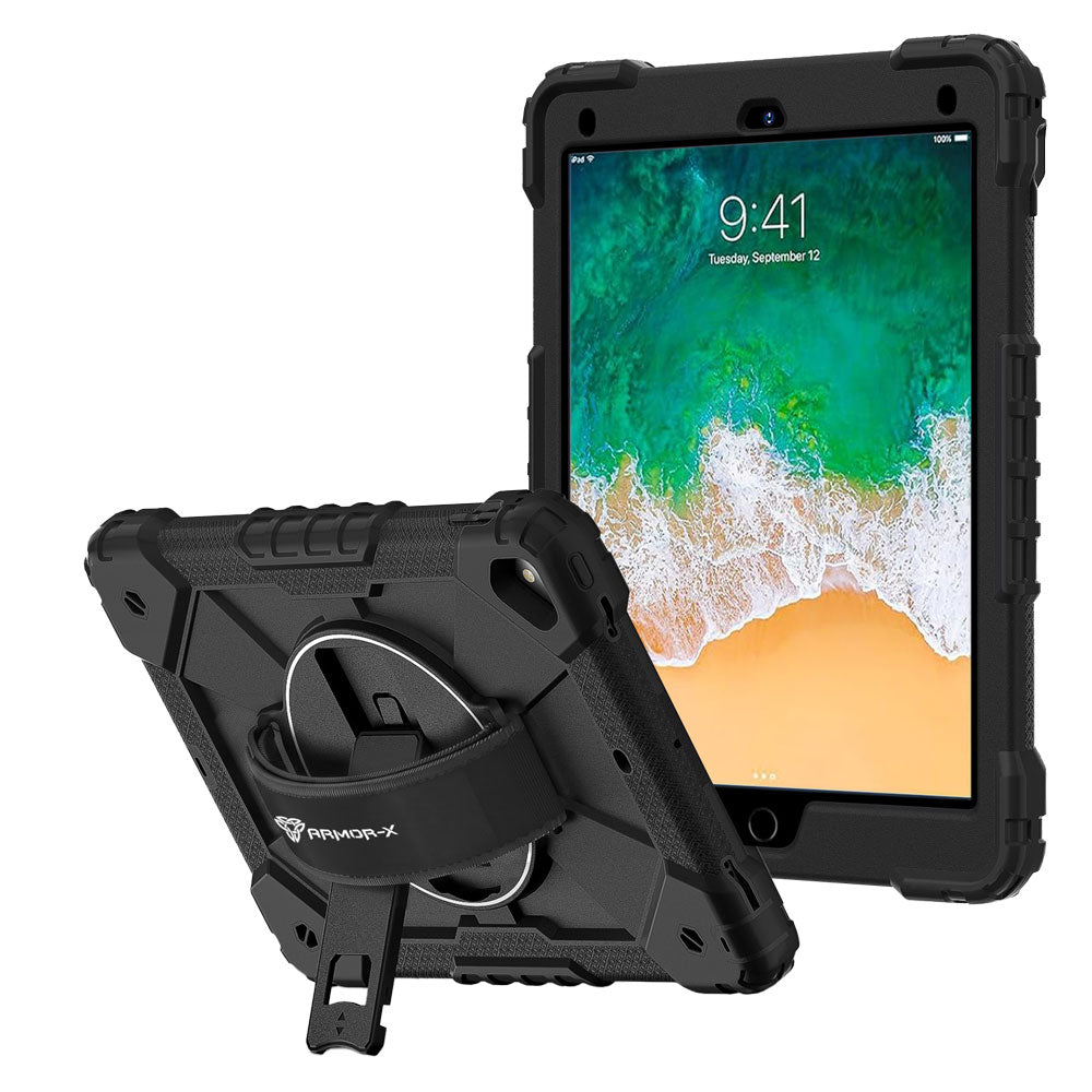 ARMOR-X iPad 9.7 ( 5th / 6th Gen.) 2017 / 2018 Rugged Case with Kick-stand & Hand Strap. This rugged tablet case features a durable 3-layer protective construction, raised screen and camera bezels, a 360° rotating hand strap, and a multi-angle kickstand for comfortable viewing and working. Precise cutouts, dust-proof port covers, and reinforced shoulder strap attachment points ensure reliable protection, easy portability, and seamless access to all device functions.