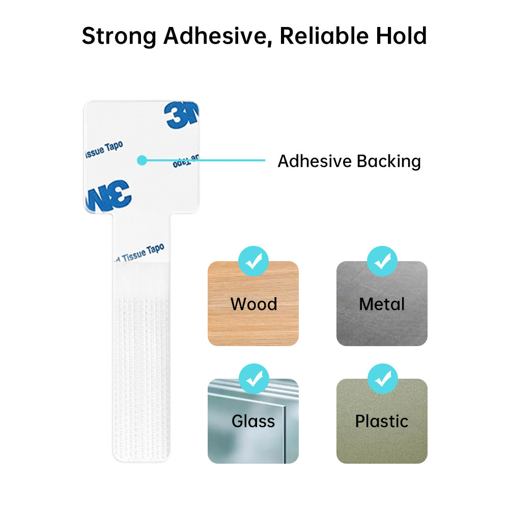 ARMOR-X Self-Adhesive Cable Management with Adjustable Hook-and-Loop Strap (10-Pack). Equipped with a high-strength adhesive backing that securely bonds to smooth surfaces such as wood, glass, metal, and plastic, providing reliable cable organization for everyday use.