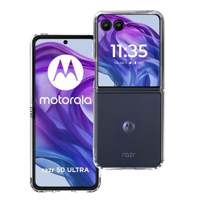 ARMOR-X Motorola Razr 50 Ultra / Razr+ 2024 / Razr+ 2025 case with ultra-slim crystal clear design, 2mm hard PC back, flexible TPU edges, raised bezels and shockproof drop protection.