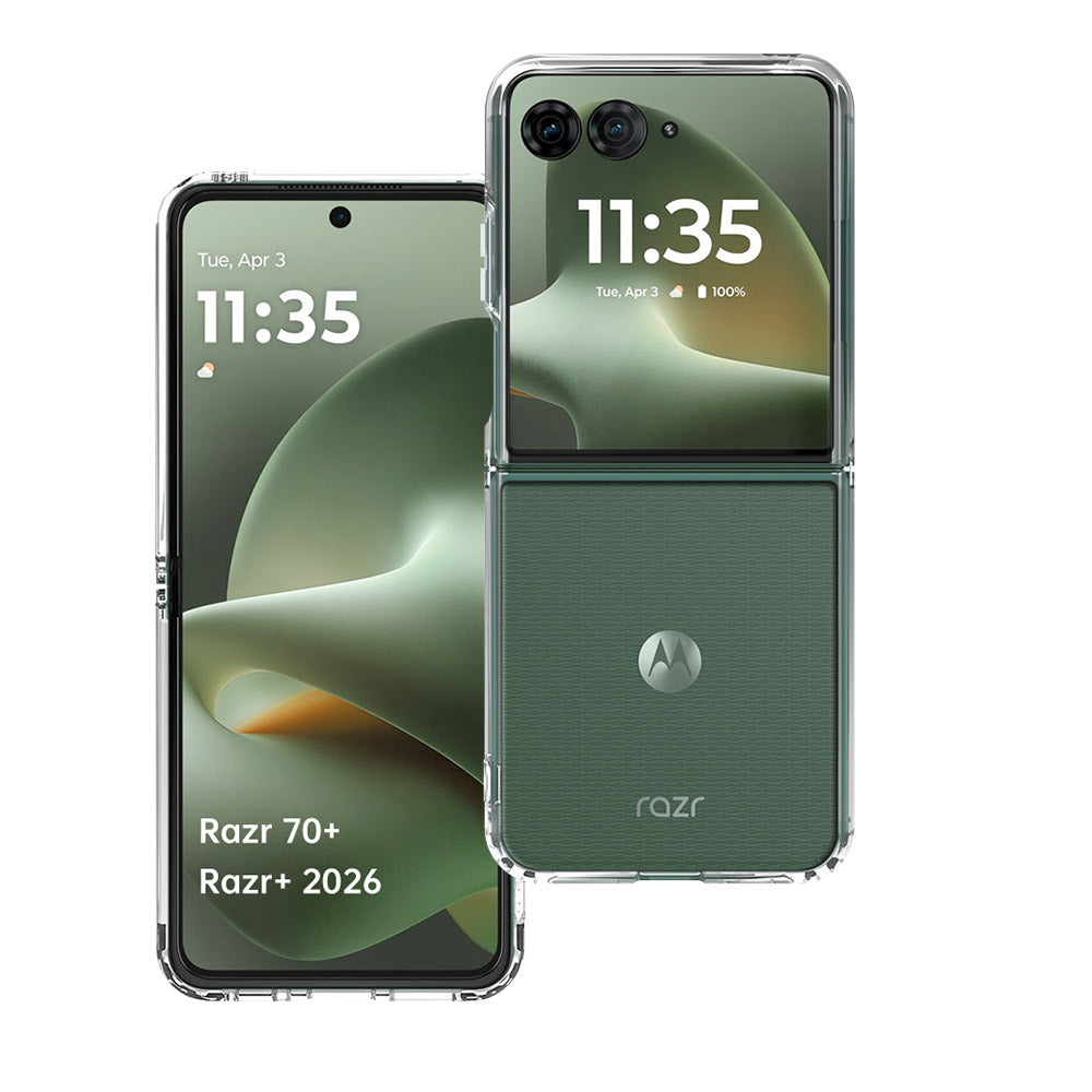 ARMOR-X Motorola Razr 70+ / Razr+ 2026 case with ultra-slim crystal clear design, 2mm hard PC back, flexible TPU edges, raised bezels and shockproof drop protection.