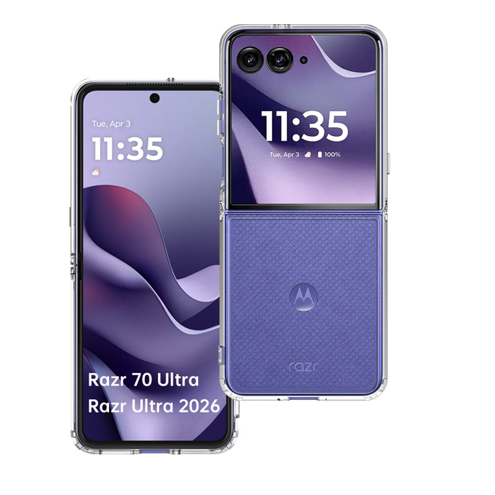 ARMOR-X Motorola Razr 70 Ultra / Razr Ultra 2026 case with ultra-slim crystal clear design, 2mm hard PC back, flexible TPU edges, raised bezels and shockproof drop protection.