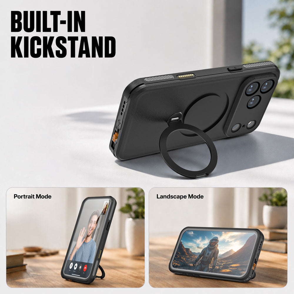 ARMOR-X iPhone 18 Pro Max Waterproof Case IP68 shock & water proof Cover. The phone case with kickstand. So you can easily adjust your Phone to any angle in portrait or landscape view. Free your hands and experience the ultimate convenience, whether watching movies, video calls, or working out.
