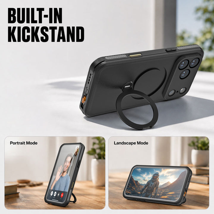ARMOR-X iPhone 18 Pro Waterproof Case IP68 shock &amp; water proof Cover. The phone case with kickstand. So you can easily adjust your Phone to any angle in portrait or landscape view. Free your hands and experience the ultimate convenience, whether watching movies, video calls, or working out.