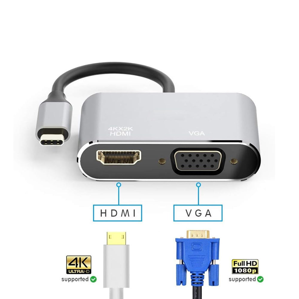 ARMOR-X 2-in-1 USB-C Adapter. Connect device with USB-C port to HDMI and VGA HDTV, monitor or projector etc. HDMI and VGA screens can work simultaneously. Easily expand usb c devices and fulfill your daily use.