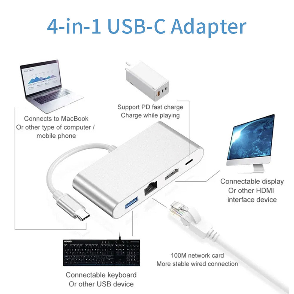 ARMOR-X 4-in-1 USB-C Adapter. Multifunctional USB C HUB expands Type C port to USB 3.0 + Ethernet RJ45 + 4K HDMI output + PD fast charging. Ideal for home-theater entertainment, office, presentation, exhibition, teaching etc.