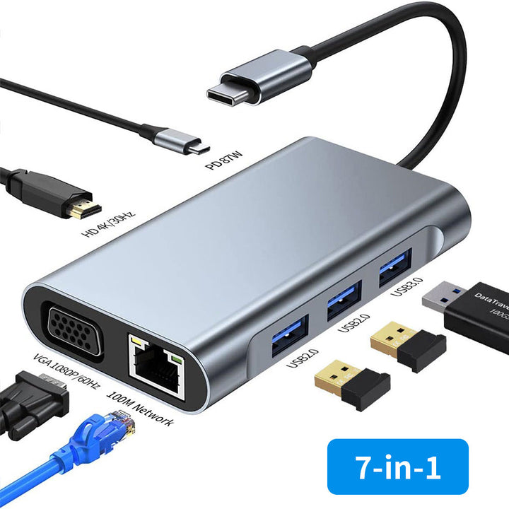 ARMOR-X 7-in-1 USB-C Adapter. 7-in-1 USB-C hub includes a PD port, a 4K HDMI video output, a VGA male to female port, an RJ45 Ethernet port, a USB 3.0 and 2 x USB 2.0 ports. 