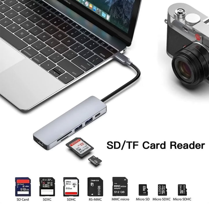 AND-DK6A | 6-in-1 Hub | HDMI (4K) + 2 USB (3.0) + TYPE-C (PD) + TF + SD