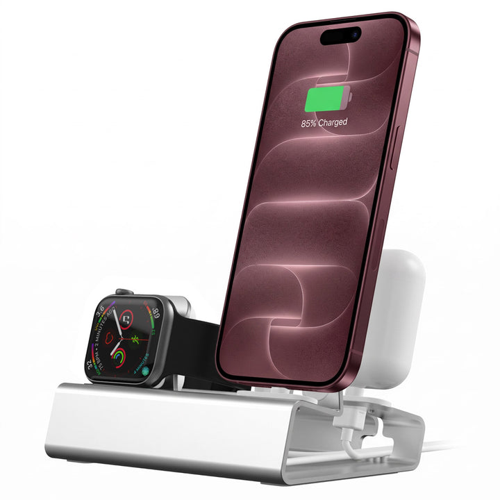 ARMOR-X 3-in-1 Apple charging stand for iPhone, AirPods &amp; Apple Watch. Premium aluminum design with secure cable management, anti-slip pads and scratch protection.