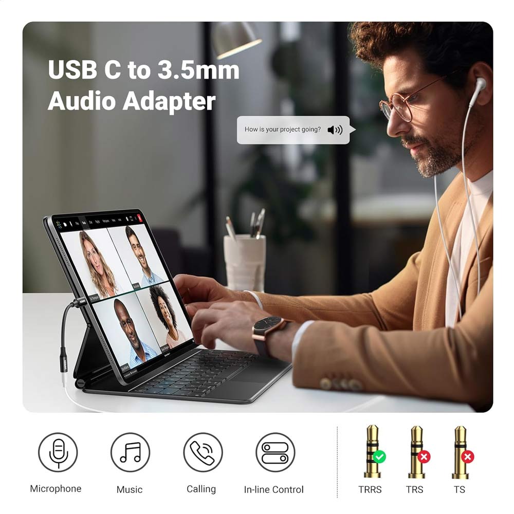 USB C to 3.5mm Audio Adapter microphone music calling in-line control