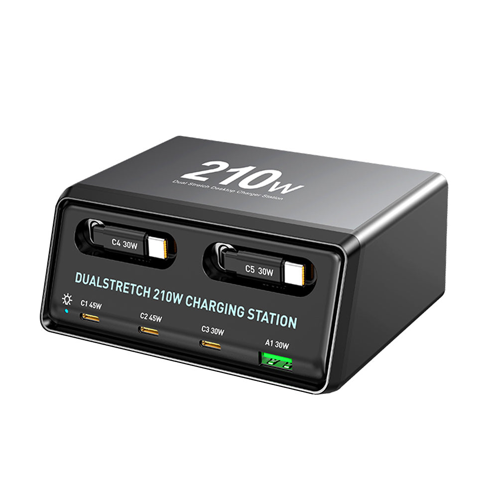 ARMOR-X 6-Port USB GaN Charging Station 160W Output. Designed for modern multitasking, this charging station features 3 USB-C ports, 1 USB-A port, and 2 built-in retractable USB-C cables, allowing you to power up to six devices simultaneously. From smartphones and tablets to laptops, earbuds, and accessories, everything charges efficiently from one hub.