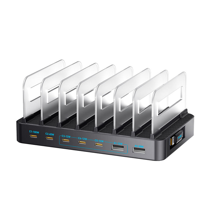 ARMOR-X 8-Port USB Charging Station 288W Output. Charge up to 8 devices at the same time with this powerful and space-saving USB charging station. Featuring 5 USB-C ports, 2 USB-A ports, and 1 built-in retractable USB-C cable, it delivers a massive 288W total output—perfect for phones, tablets, earbuds, power banks, and more. Note: External charging cables are not included.
