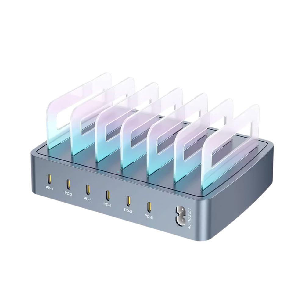 ARMOR-X 6-Port Intelligent Multi Charging Station 100W Output. Equipped with 6 USB-C PD ports (Total 100W). Supports simultaneous 20W fast charging for iPhones, iPads, and Switch consoles without speed drops.