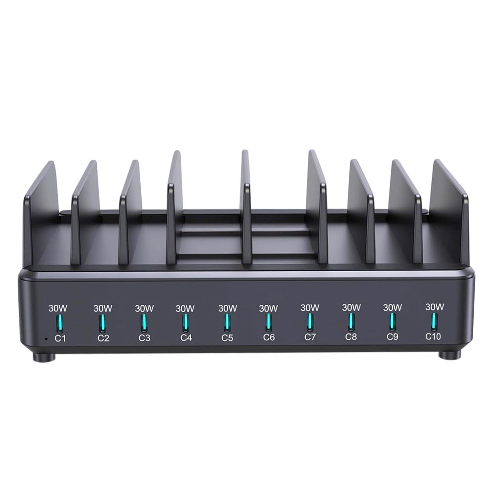 ARMOR-X 10-Port Intelligent Multi Charging Station 300W Output. Power everything in one place. With 10 USB-C ports, this charger intelligently distributes power to charge up to 10 devices simultaneously. Ideal for phones, tablets, laptops, earbuds, power banks, and more. Note: External charging cables are not included.
