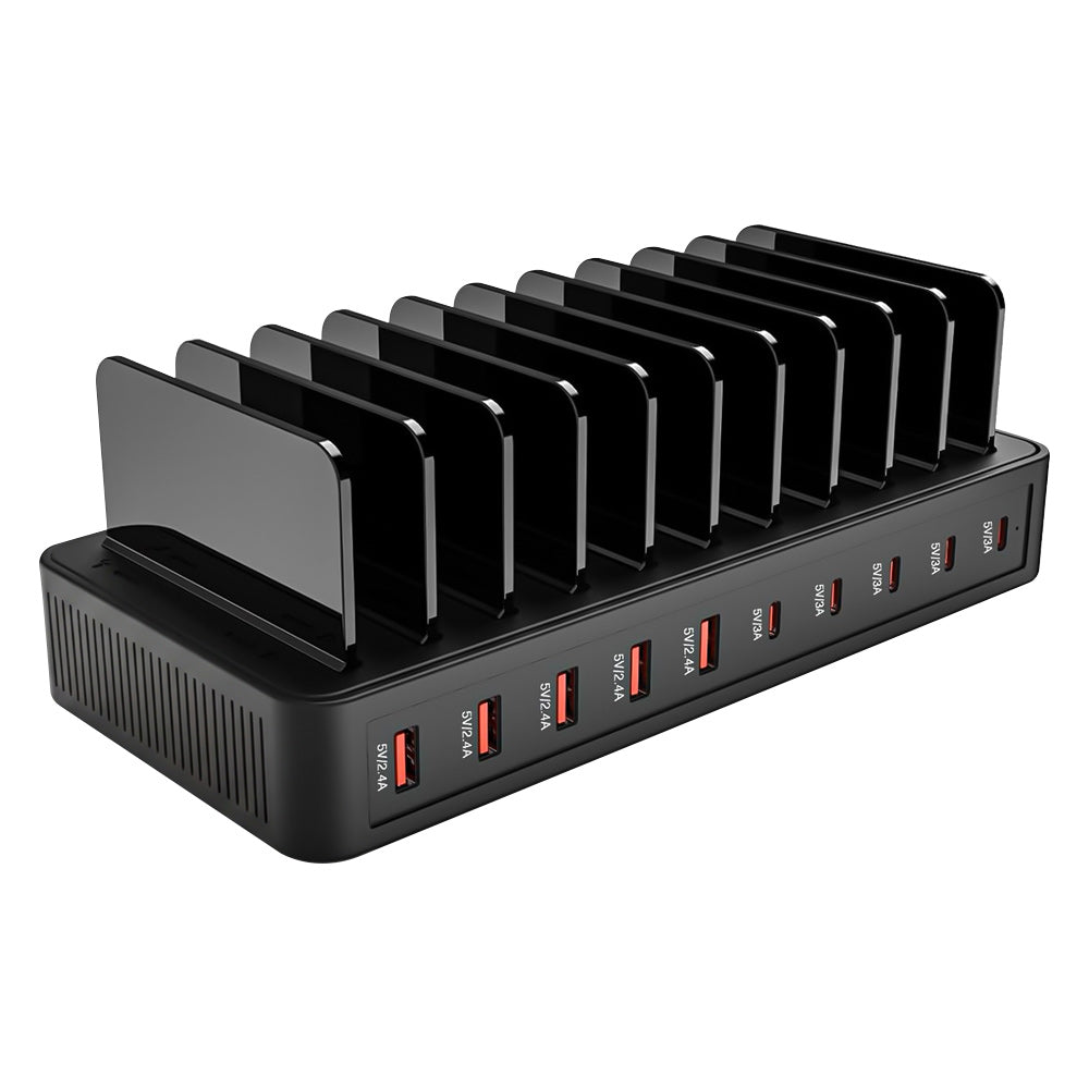ARMOR-X 10-Port Intelligent Multi Charging Station 100W Output. Equipped with 5 USB-C and 5 USB-A ports, this intelligent charging station delivers efficient power distribution to charge up to 10 devices simultaneously. Perfect for smartphones, tablets, laptops, earbuds, gaming handhelds, and more.