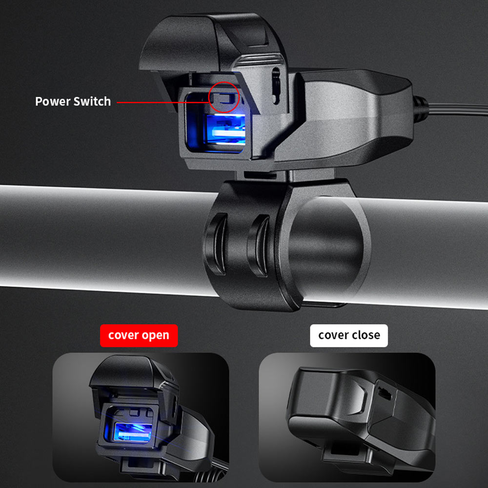 ARMOR-X Motorcycle USB Charger. When the protective cover is opened, the charger indicator lights up and the charging port power is turned on. When the protective cover is closed, the charger power is automatically turned off.