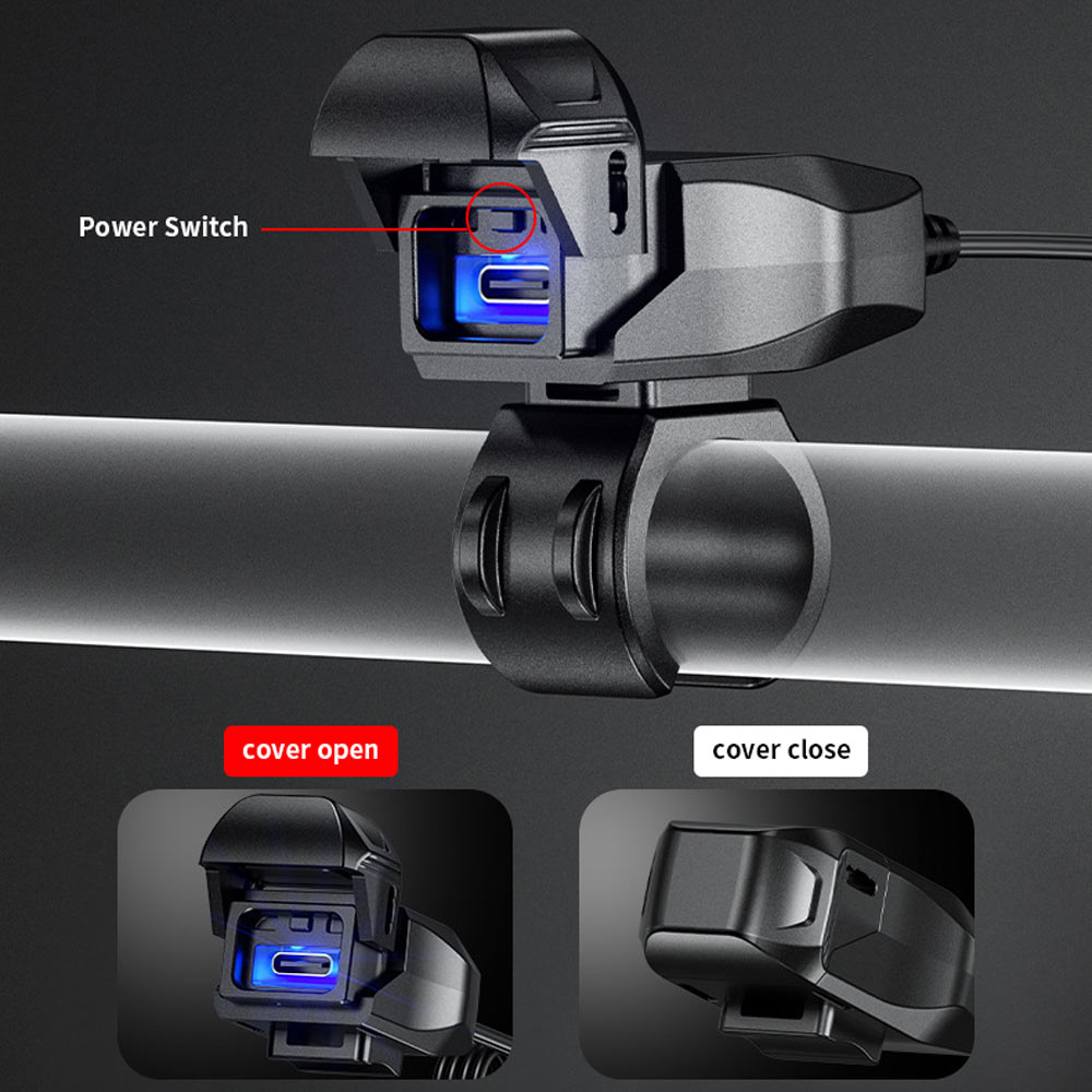 ARMOR-X Motorcycle USB-C Charger. When the protective cover is opened, the charger indicator lights up and the charging port power is turned on. When the protective cover is closed, the charger power is automatically turned off.