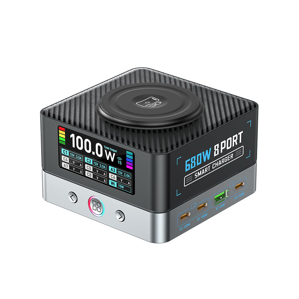 ARMOR-X 9-Port Intelligent Multi Charging Station 200W Output. This charger can provide plenty of power for even the high-demand devices like MacBooks, tablets, and smartphones. It features 6 USB-C ports (up to 140W PD 3.1), 2 USB-A ports, and 1 integrated wireless charging pad (up to 15W).