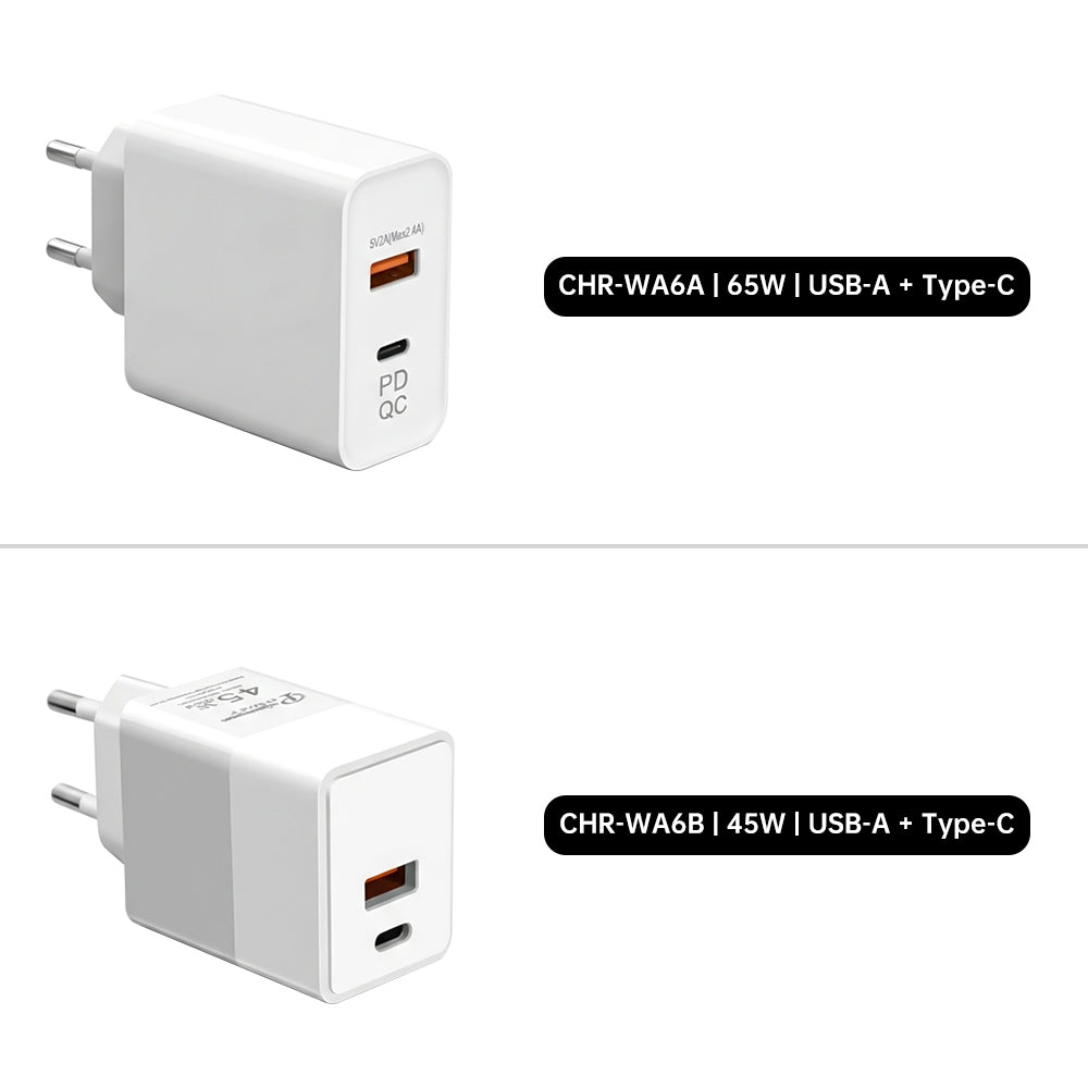 CHR-WA6 | 65W & 45W 2-Port GaN Wall Power Charger Fast Charger | AU / EU / UK / US Plug