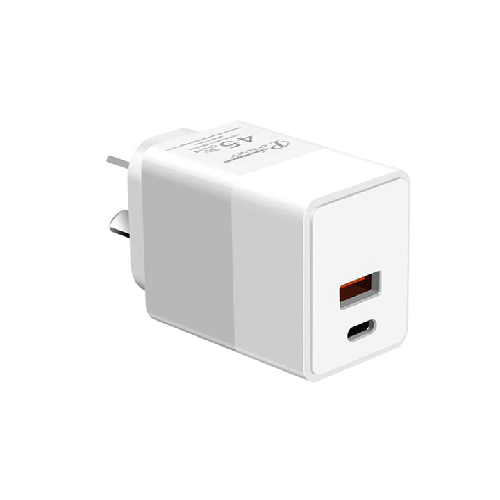 ARMOR-X 45W 2-Port PD3.0+QC3.0 GaN Wall Power Charger Fast Charger. Equipped with the latest intelligent chip, this fast charger supports PD 3.0/2.0, QC 3.0, PPS and other major fast-charging protocols. With dual-port output, you can power up two devices simultaneously — saving valuable time without compromising speed.