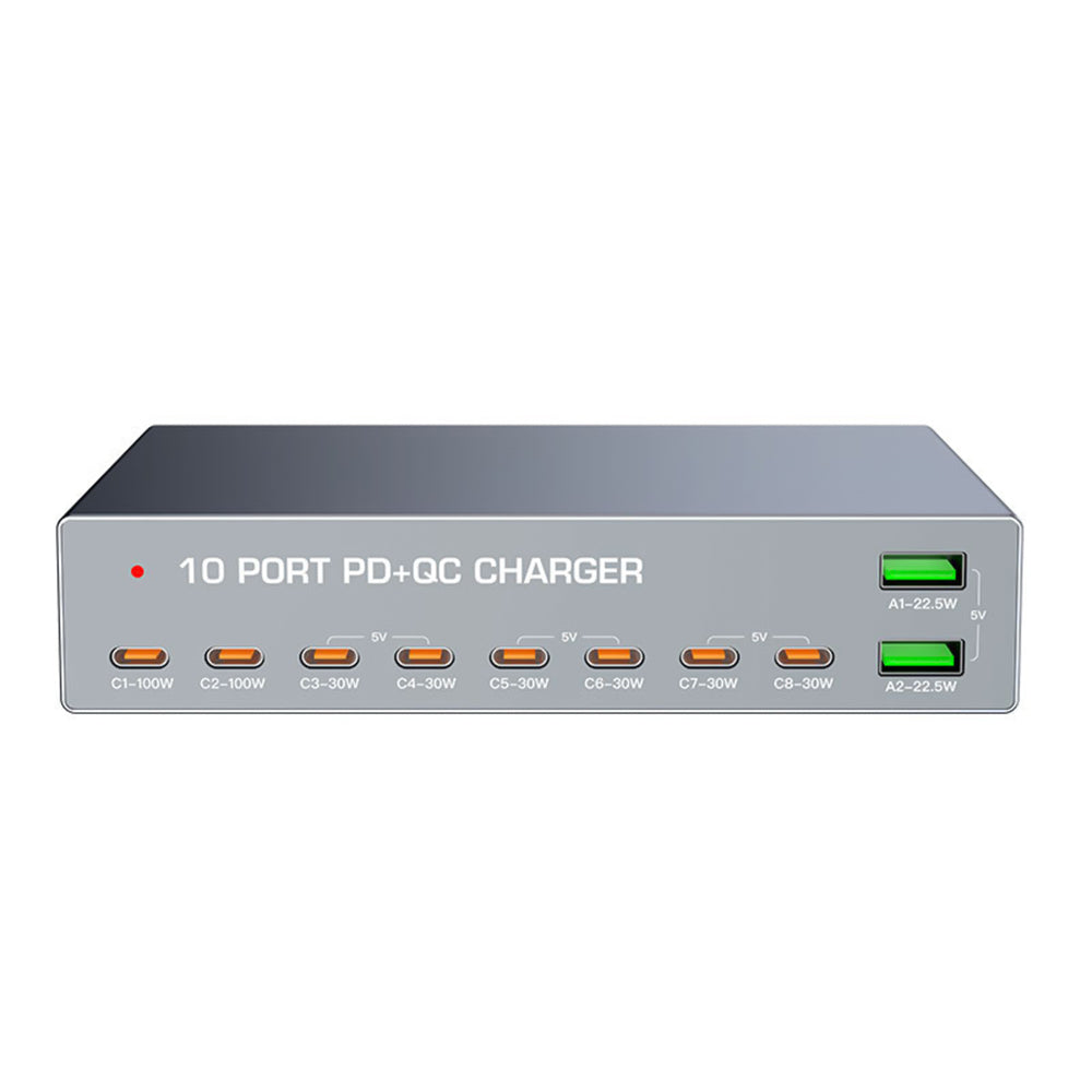 ARMOR-X 10-Port Intelligent Multi Charging Station 140W Output. Power everything in one place. With 8 USB-C ports and 2 USB-A ports, this charger intelligently distributes power to charge up to 10 devices simultaneously. Ideal for phones, tablets, laptops, earbuds, power banks, and more. Note: External charging cables are not included.
