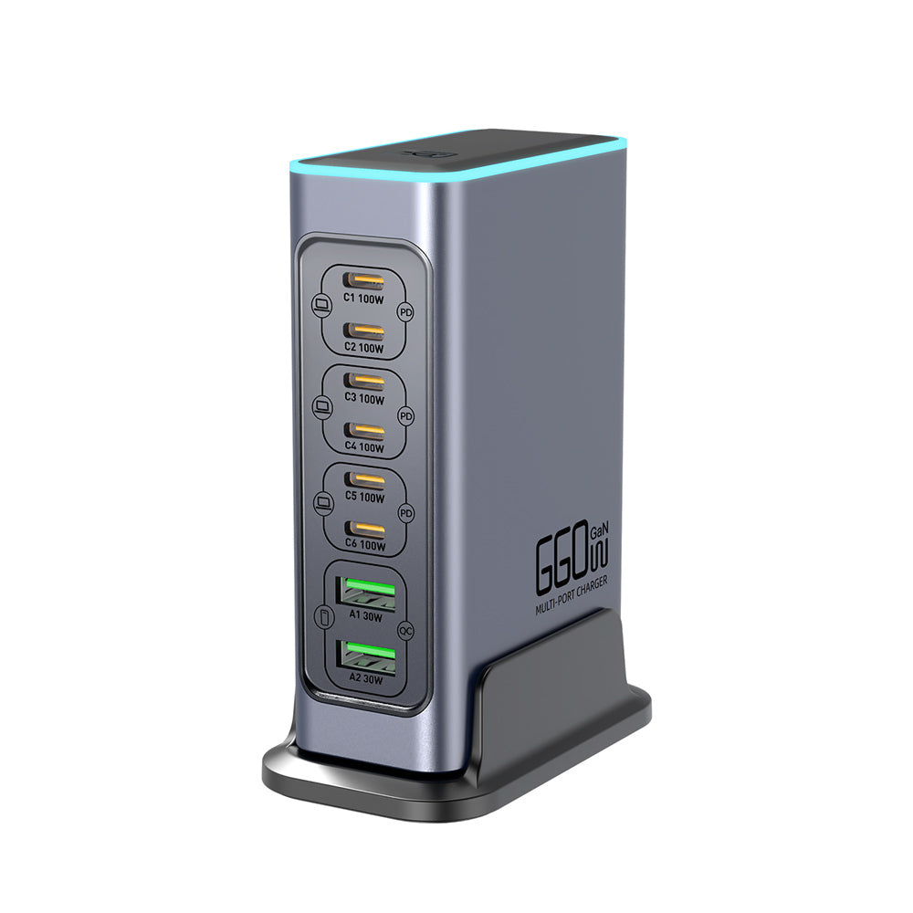 ARMOR-X 8-Port Intelligent Multi Charging Station 140W Output. Features 8 output ports total, including 6 x 100W PD ports and 2 x 30W QC ports.