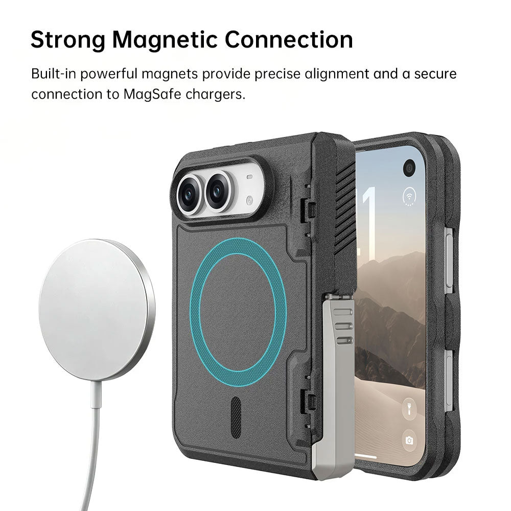 ARMOR-X iPhone Duo Case. Built-in powerful magnets provide precise alignment and a secure connection to MagSafe chargers.