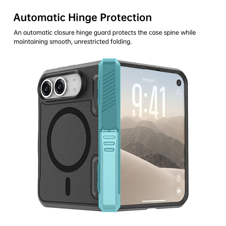 ARMOR-X iPhone Duo Case. An automatic closure hinge guard protects the case spine while maintaining smooth, unrestricted folding.