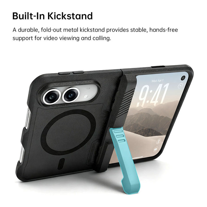 ARMOR-X iPhone Duo Case. A durable, fold-out metal kickstand provides stable, hands-free support for video viewing and calling.