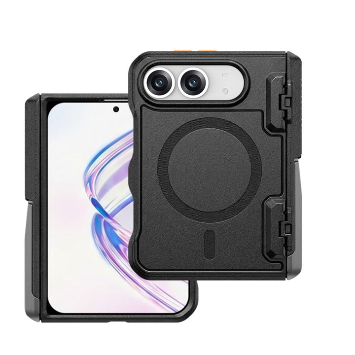 ARMOR-X iPhone 18 Fold Military Grade Protective Case with MagSafe magnetic connection, shockproof protection, raised edges, automatic hinge guard, and kickstand.