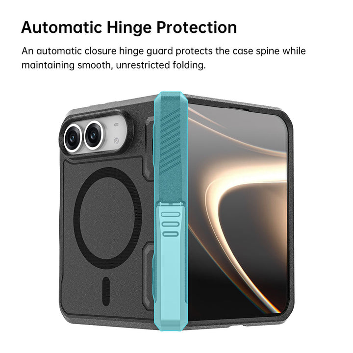 ARMOR-X iPhone 18 Fold Case. An automatic closure hinge guard protects the case spine while maintaining smooth, unrestricted folding.